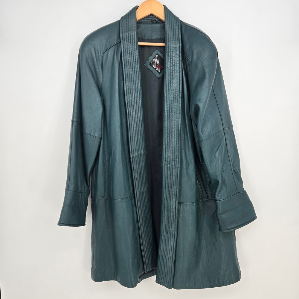 Vtg Emerald Green Real Leather Oversized Womens M Long Coat Jacket Fall Winter